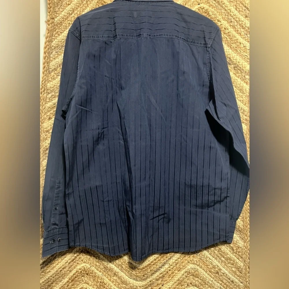 Calvin Klein Men's Dark Blue Striped Button Down Dress Shirt,Size L